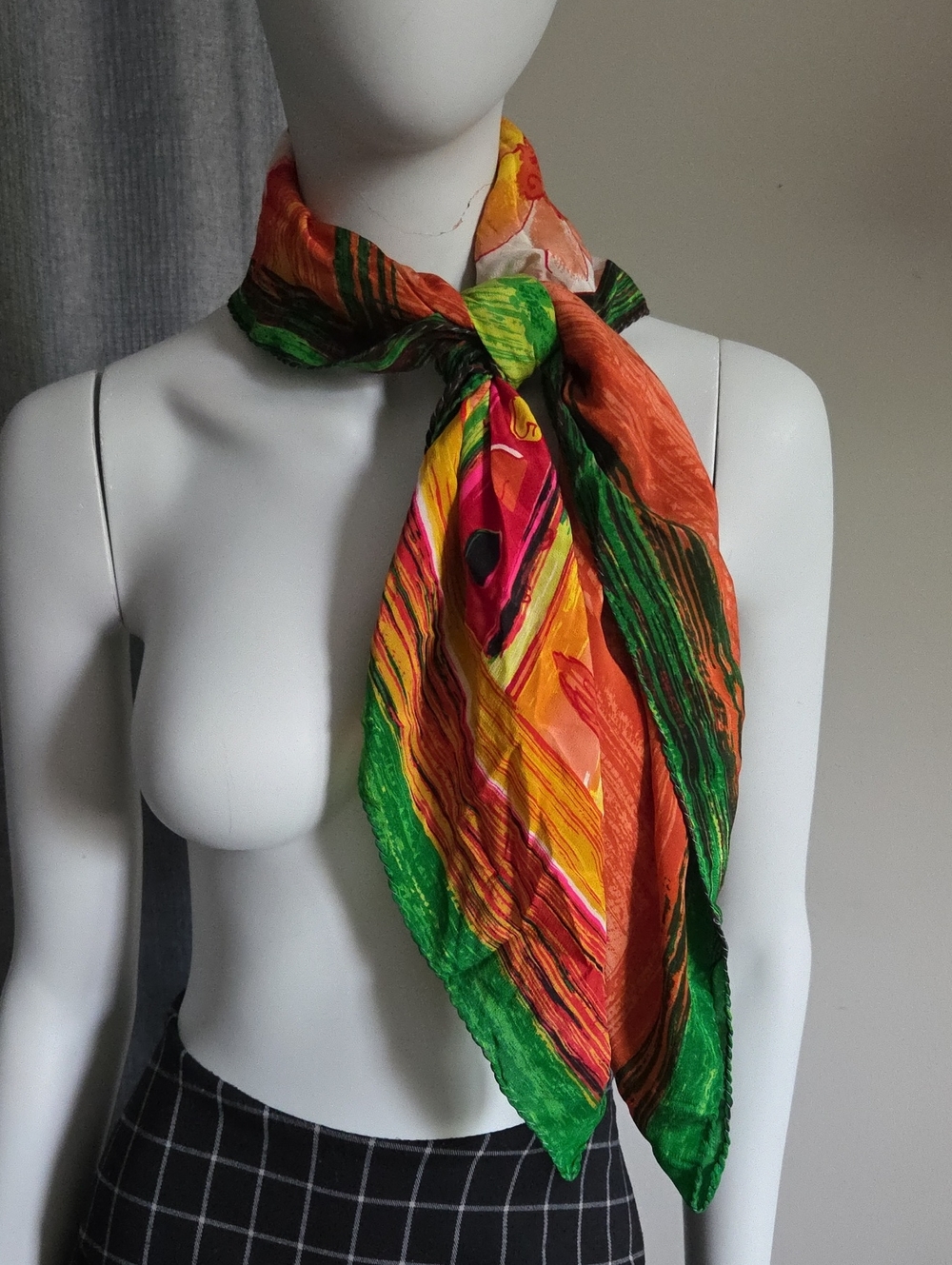 Vintage Christina 100% Silk Orange, Green & Pink Floral Painted Patterned Scarf